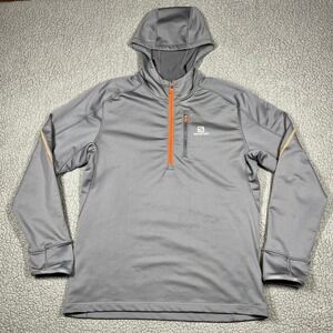 Salomon ActiTherm Mens Large Grey 1/4 Zip Hooded Pullover Jacket Orange Trim
